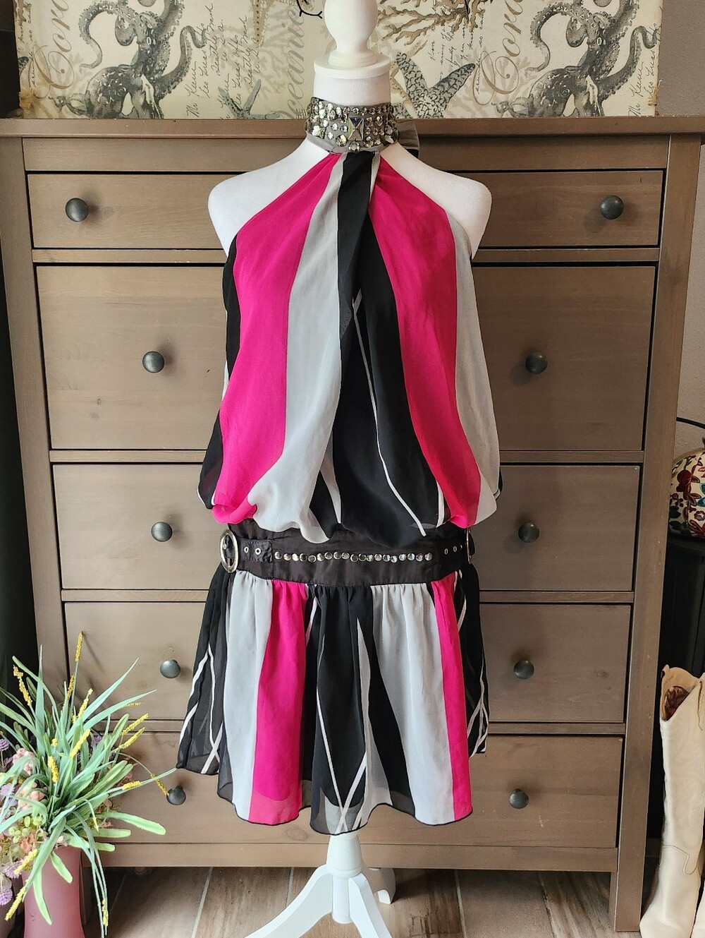Charlotte Russe Striped Halter Mini Dress 💖Size L — hot pink, black, and gray
